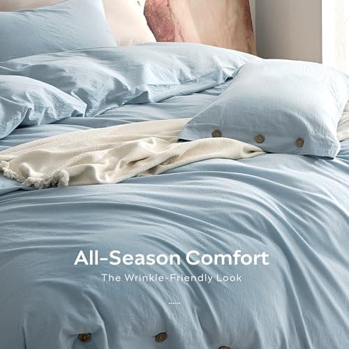 JELLYMONI 100% Washed Cotton Duvet Cover Queen – Soft, Breathable Linen-Look Bedding with Natural Wrinkle Texture, Button Closure, 3-Piece Set (Mist Blue, 90"x90") — view 4