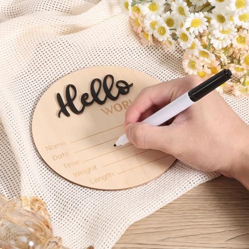 Newborn Announcement Sign with Pen, 5.9in Wooden Hello World Baby Welcome Sign for Newborn Boys and Girls Photo Props Baby Shower Hospital Nursery (Black) — view 3