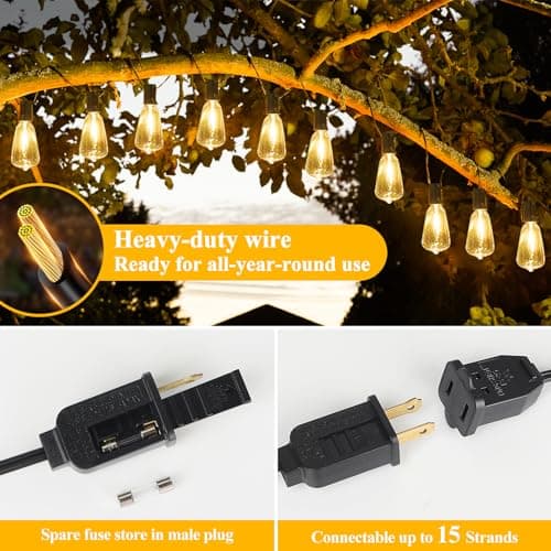 Brightever LED Outdoor String Lights 100FT Patio Lights with 52 Shatterproof ST38 Vintage Edison Bulbs, Outside Hanging Light Waterproof for Porch, Deck, Garden, Backyard, Balcony, 2700K Dimmable — view 5