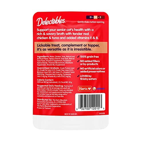 Delectables Lickable Treat Savory Broth Senior 10+ Wet Cat Treats with Real Chicken & Tuna, Food Topper, Hydrating, Grain-Free, No Fillers, No By-Product, No Added Preservatives, 1.4oz Pouch, 12ct — view 6