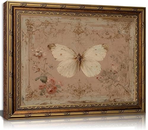 Gold Framed Wall Art Vintage Butterfly Canvas Wall Art White Moth Moody Rustic Insect Artwork Prints Picture for Living Room Bedroom Farmhouse Bathroom Office Decor, 11" L x 9" W