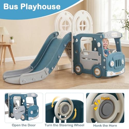 OLAKIDS Toddler Slide and Swing Set, 5 in 1 Bus Themed Baby Slide with Climber Basketball Hoop Car Playhouse for Indoor Outdoor Boys Girls Aged 3+ (Blue) — view 5