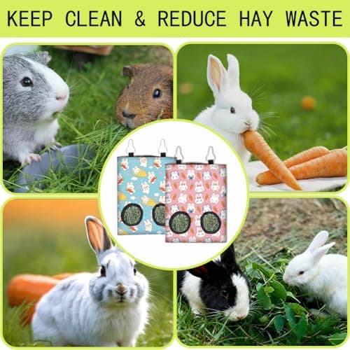 PRESSINART 2Pcs 2 Styles Hanging Rabbit Hay Feeder Bag 11.6 x 9.1 Inch, Bunny Hay Bag Pink Blue Cute Cartoon Design Cloth Washable Feeding Holders with 2 Holes for Guinea Pig Chinchillas Hamsters — view 4