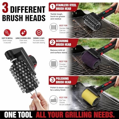 Electric Grill Brush, Cordless BBQ Grill Cleaner Tool for Effortless Cleaning, Remove Burnt Grease, 3-Speed & Heads, 150+ Min Runtime, Waterproof &Type-C Safe Grill Brush for Barbecue Outdoor Grills — view 3
