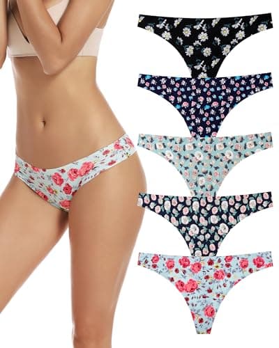 VOENXE Seamless Women Underwear Thongs,No Show Ladies Panties,Breathable Active Sports Thong,Invisible Workout Undies 5 Pack