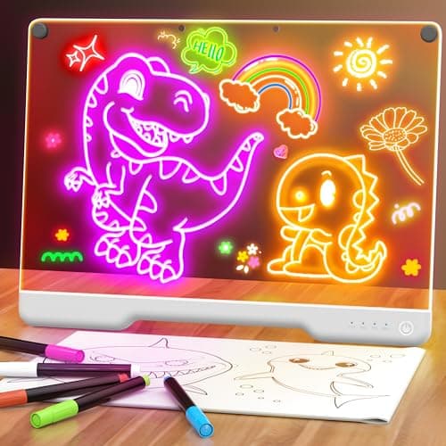 Geokay 16" Rechargeable LED Drawing Board, 9-Color Light Modes, Neon Art Dry Erase Light Up Doodle Glow Pad with Built-in Stand, Sketching Gift Toy for Kids/Girls/Teens, 7 Markers & Tracing Book