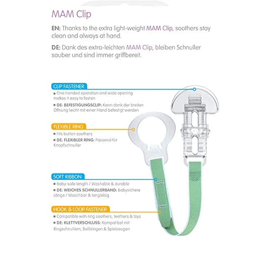 MAM Dummy Clip | 2 Pack | Baby Soother Clips Fit All MAM Soothers | Adjustable Length and Lightweight Design | Baby Accessories | White with Blue Strap | Dummies Not Included — view 2