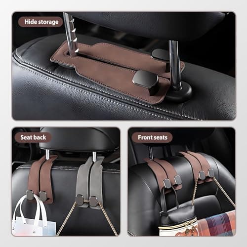 Purse Hook for Car - Universal, Twinhook Leather Car Headrest Hangers, Car Seat Back Storage Hook for Purses, Handbags, Bags, Seat Back Organizers for Travel (Brown-2pcs) — view 3