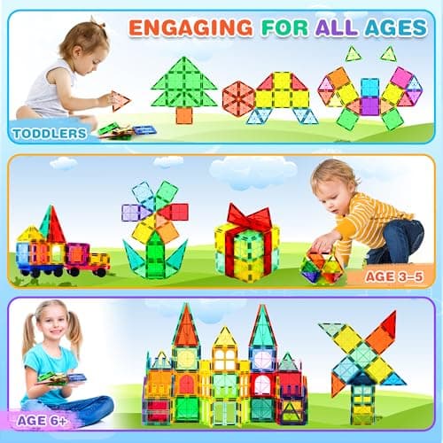 Magnetic Tiles, 122PCS Magnetic Building Blocks with 2 Cars, Large Magnet Building Set,STEM Sensory Educational Toys Gift for Toddlers Kids Boys Girls. — view 4
