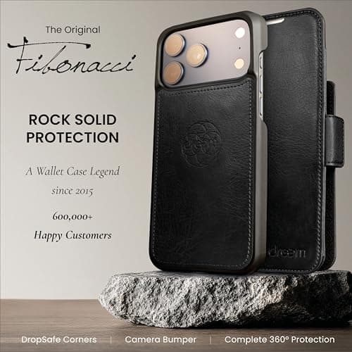 Dreem Wallet Case for iPhone 17 Pro Max, Revolutionary Vert/Hor Phone Stand, Magnetic Detachable Vegan Leather Flip Cover RFID Blocking Card Holder, MagSafe-Fit, Gift Box [Fibonacci: Black] — view 2