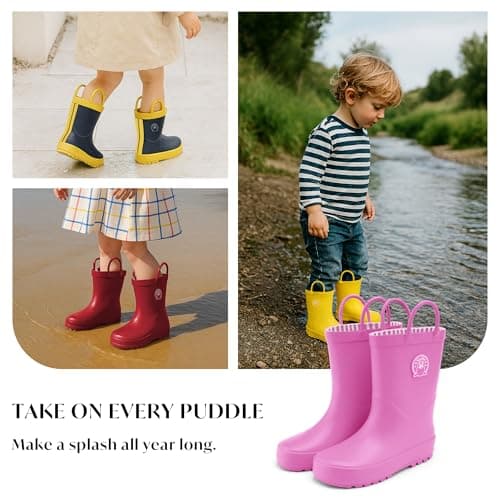 STELLE Toddler Rain Boots Natural Rubber Rainboots Kids Girls Boys Waterproof Easy On Handles Non-Slip Sole(Gumball Pink,7MT-CA) — view 6
