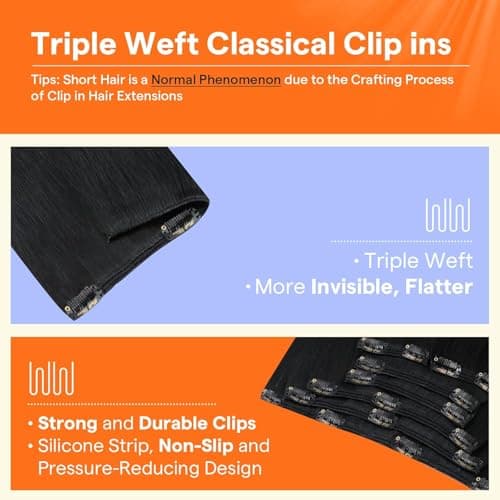 Full Shine Clip in Hair Extensions Human Hair, 1B Natural Black, 14 Inch, 120G, 7 Pcs, Double Weft Remy Brazilian Hair, Silky Straight Add Length and Volume, Office, Sleek Ponytail, Daily Wear — view 3