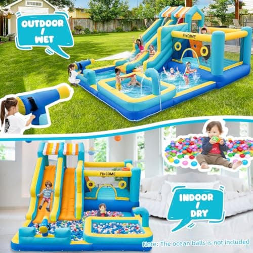 FINCOME Inflatable Bounce House, 10 in 1 Double Water Slide Bounce House with 750W Blower, Climbing Wall, Jumping, Water Gun, Splash Pool, Basketball Hoop for Kids Indoor Outdoor Backyard — view 3
