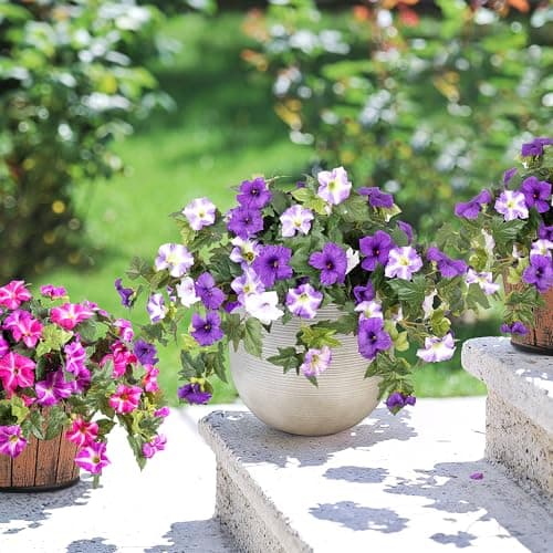 Ammyoo Artificial Fake Flowers Plants for Outdoor Decoration, 2PCS Faux Petunias Silk Flower UV Resistant No Fade for Home Outside Garden Balcony Yard Porch Realistic Indoor Decor (Purple White) — view 3