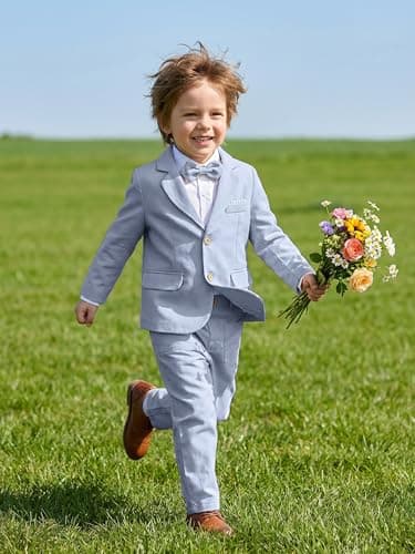 Volunboy Toddler Boy Clothes Baby Linen Tuxedo Suit Set Boys Blazer Pants Bowtie Dress Clothes (LightBlue, 4-5T) — view 2