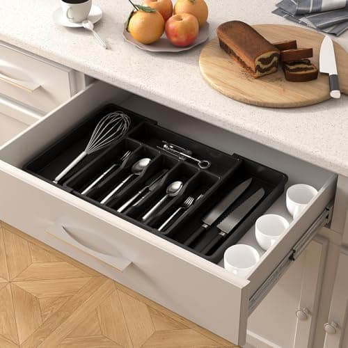 Lifewit Extra Large Cutlery Organizer, Expandable Silverware Drawer Organizer for Kitchen, Adjustable Cutlery Tray Drawer Organizer for Spoon Forks Knives, Cutlery Crocks, 13-22 x 15", Black — view 7