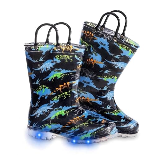 Toddler Kids Rain Boots Boys Girls Light Up Waterproof Boot with Handles, Big Kid Size 1, Dinosaur