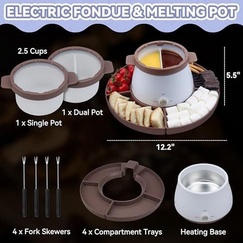 Party Desserts Electric Fondue Pot Set with 2 Pots, Melting Chocolate Warmer for Dipping, Candy & Chocolate Melting Pot, Fondue Pot Electric Set, Fondue Forks Included, 2.5 Cups, Brown — view 3