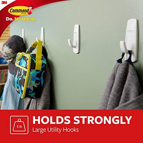 Command Large Utility Hooks, Damage Free Hanging Wall Hooks with Adhesive Strips, No Tools Wall Hooks for Hanging Back to School Dorm Organizers, 3 White Hooks and 6 Command Strips — view 3