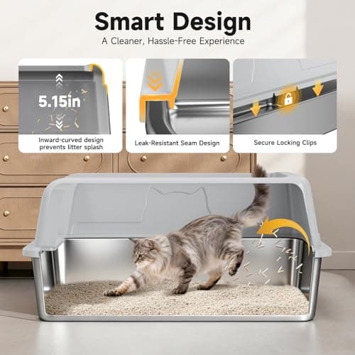 OneBug Stainless Steel XL Cat Litter Box for Cats, High-Sided Design Prevents Urine Leakage, Non-Stick, Easy to Clean, Includes Scoop, Gray