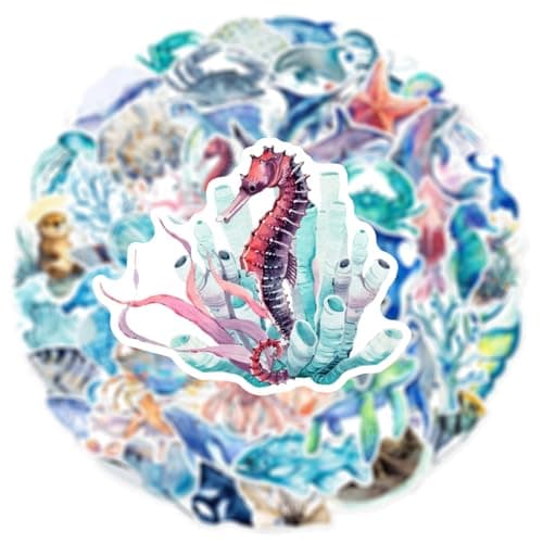 50 Pcs Watercolor Marine Life Stickers - Waterproof Vinyl Ocean Creature Decals (Dolphins/Whales/Turtles Styles) for Skateboard, Laptop & Luggage(Marine Bio-50) — view 4