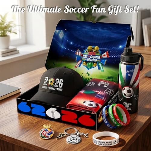 Exun Soccer Fan Gift Basket Set 2026 – 9 Piece Sports Accessories Bundle with Stainless Steel Tumbler, Towel, Keychain, Hat, Wristband & Metal Pin – Triple Nation Flag Design, World Soccer Lover Gift — view 2