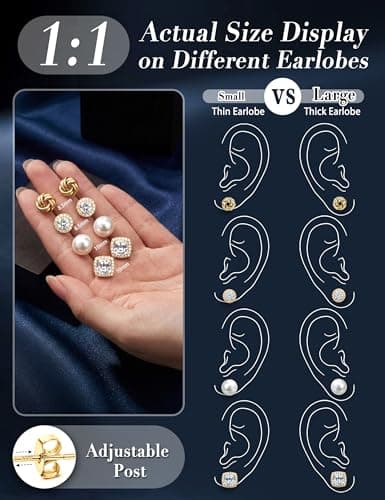 FIBO STEEL Hypoallergenic Stud Earrings for Women - 4Pairs Sterling Silver Earrings 14K Gold Plated Big Simulated Pearl Love Knot Brilliant Cubic Zirconia CZ Halo Stud Earrings for Sensitive Ears — view 5