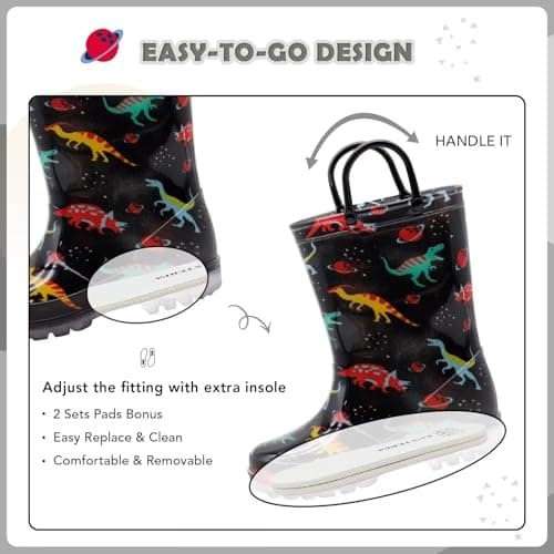EUXTERPA Kids Toddler Light Up Rain Boots Boys Waterproof Patterns and Glitter Boots with Easy On Handles, Black Dinosaur, Toddler Size 9 — view 4