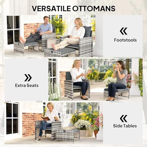 Outsunny 5 Piece Patio Furniture Set, Wicker Patio Chairs with Ottomans, 2-Tier Glass Coffee Table, Cushions, Outdoor Furniture Conversation Set for Balcony, Grey/Dark Grey — view 3