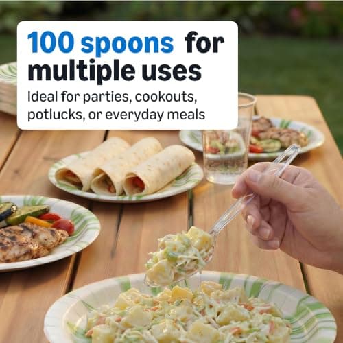 Amazon Basics Disposable Clear Plastic Spoons, Premium Quality, 100 Count, Large Pack, Packaging May Vary — view 3