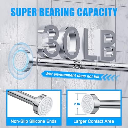 TEECK Shower Curtain Rod, 32-80 inch Adjustable Spring Tension Curtain Rod, Never Rust Anti-Slip Shower Curtain Rod for Bathroom, No Drilling, Never Collapse, Easy to Use, Silver — view 2