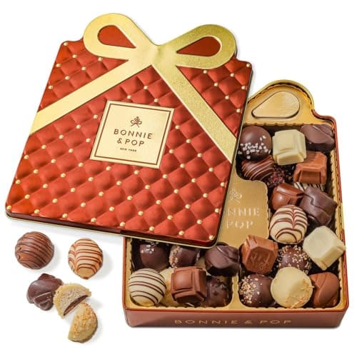 Chocolate Gift Basket, Candy Food Gifts Arrangement Platter, Gourmet Belgian Snack Gift Bow Tin Box, Present Idea, Corporate Him & Her, Men Women Family Parties- Bonnie and Pop