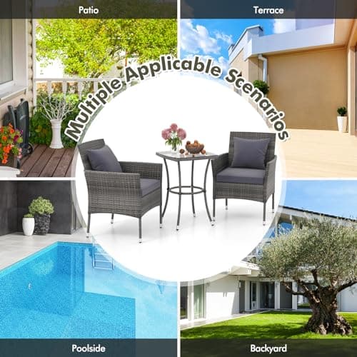 DORTALA Wicker Patio Furniture Set 3 Piece, Small Outdoor Table & Chairs with Tempered Glass Tabletop, Cushions, Rattan Conversation Bistro Set for Balcony, Porch, Backyard, Deck, Mix Gray+Gray — view 5