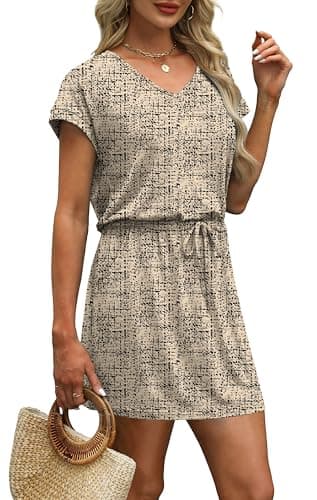 OFEEFAN Boho Dresses for Women 2026 Summer Spring Tshirt V Neck Tie Front Dress Sundresses Beach Vacation Clothes Boho Outfits S — view 3