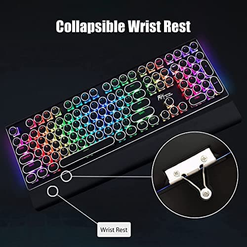 RK ROYAL KLUDGE S108 Typewriter Style Retro Mechanical Gaming Keyboard Wired with True RGB Backlit Collapsible Wrist Rest 108-Key Blue Switch Round Keycap - Black — view 2