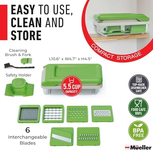 Mueller Vegetable Chopper, Mandoline Slicer, Food Veggie Chopper, Cheese Grater, Onion Vegetable Cutter with Container, Dicer, Kitchen Gadgets & Essentials, White Sand/Green — view 6