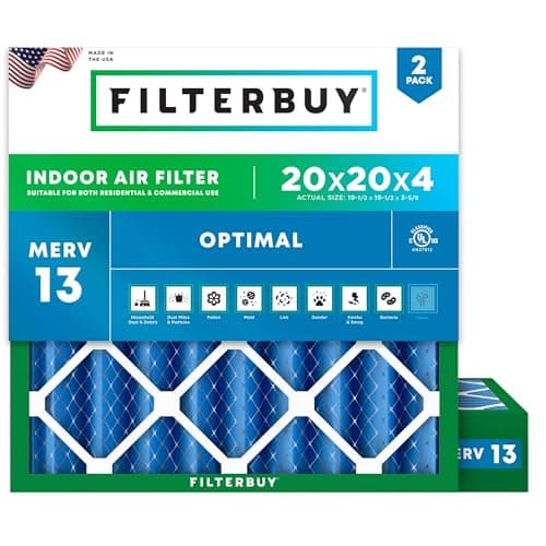 Filterbuy 20x20x4 Air Filter MERV 13 Optimal Smoke & Allergy Defense (2-Pack), Electrostatic Pleated HVAC AC Furnace Filters Replacement, Made in USA (Actual Size: 19.50 x 19.50 x 3.63)