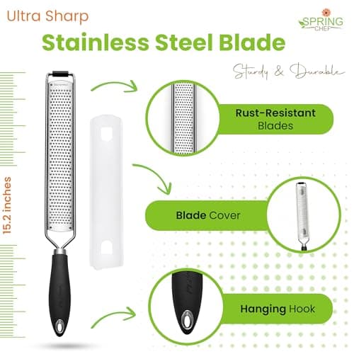 Spring Chef Stainless Steel Lemon Zester Grater with Handle - Garlic, Cheese, Parmesan, Nutmeg, Lime, Ginger Grater - Heavy Duty Kitchen Tool - Citrus Zester with Blade Cover - Fine Shred - Black — view 2
