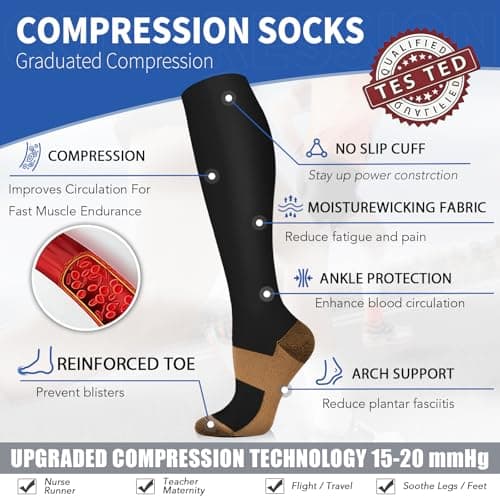 Sooverki Copper Compression Socks for Men & Women 8 Pack 15-20mmHg - Knee High Stockings Best Support for Running Athletic Work Travel Black Wide Calf Nylon plain gifts medias — view 2