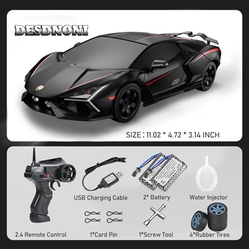 Remote Control Car RC Drift Car 1:16 Scale 4WD 18KM/H High Speed Model Vehicle 2.4GHz LED Lights Spray Rubber Tire Racing Sport Toy for Adults Boys Girls Kids Gift 2Pcs Rechargeable Batteries (Black) — view 5