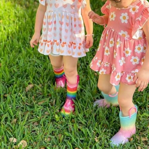EUXTERPA Kids Toddler Light Up Rain Boots Girls Waterproof Patterns and Glitter Boots with Easy On Handles, Rainbow, Toddler Size 9