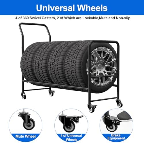 Rolling Tire Storage Rack,2 in 1 Mobile Metal Tire Storage and Transport Trailer Cart,43.3" x 34" x 13.7" Heavy Duty Tire Rack with 4 Wheels for Garage & Repair Shops,Black — view 3