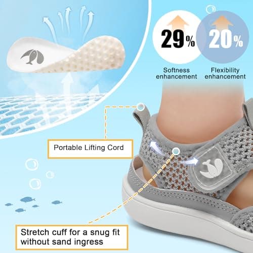 JOINFREE Toddler Water Shoes Boys Girls Wide Toe Box Barefoot Kids Sandals Quick-Dry Mesh Aqua Sneakers Non-Slip Closed Toe Beach Pool Splash Pad Walking Shoes for Kid Grey 7 Toddler — view 3