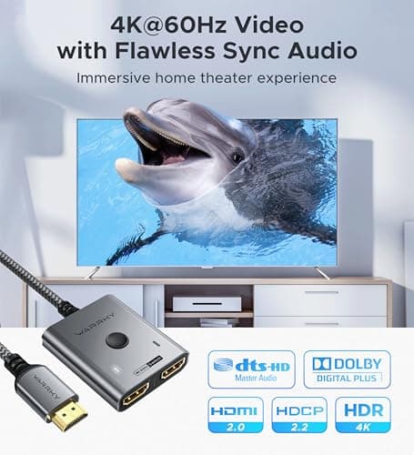 HDMI Switch 4K 60Hz, WARRKY HDMI Switcher 2 in 1 Out [Fixed Braided Cable] — view 3