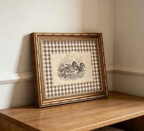 Vintage Gold Framed Wall Art, Brown Gingham Sketch Ducks Canvas Prints, Retro Rustic Farmhouse Animal Picture Wall Decor, Country Cottagecore Goose Poster Artwork for Living Room Bedroom — view 6
