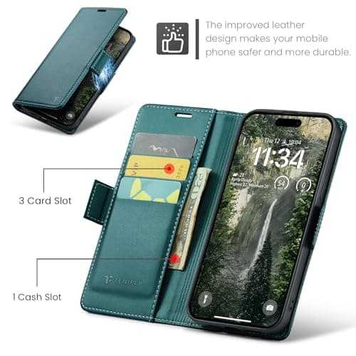 Tenifly for iPhone 13 Case Wallet with RFID Blocking Card Holder, PU Leather Kickstand Protective Flip Phone Cover Fit for iPhone 13 6.1", Bluish Green — view 7