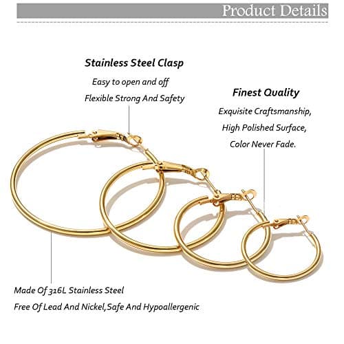 5 Pairs Gold Plated Hoop Earrings for Women, 14K Gold Plated Hypoallergenic Stainless Steel Hoop Earrings Set, Lightweight Large Small Gold Hoops Set — view 3