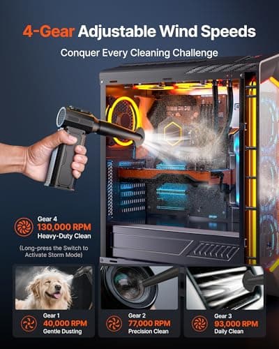 ZOAIVR Compressed Air Duster, 130,000RPM Ultra-Powerful Cordless Electric Air Duster with Rechargeable Battery, 4-Gear Adjustable Air Blower for Keyboard/Computer/Car/Home Cleaning - Pure Black — view 3