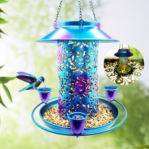 ENKAP Solar Bird Feeder for Outdoors, 3 Nectar Cups for Hummingbirds, Metal Squirrel-Proof Weatherproof, 2-in-1 Garden Lantern Auto Light at Night, Perfect for Birthdays, Christmas, Bird Lovers