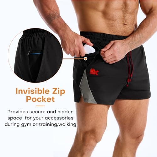 BROKIG Men's LightArmor Bodybuilding Gym Shorts with Zip Pocket,3" Quick Dry Summer Running Shorts for Workout Tennis(Black,Large) — view 7